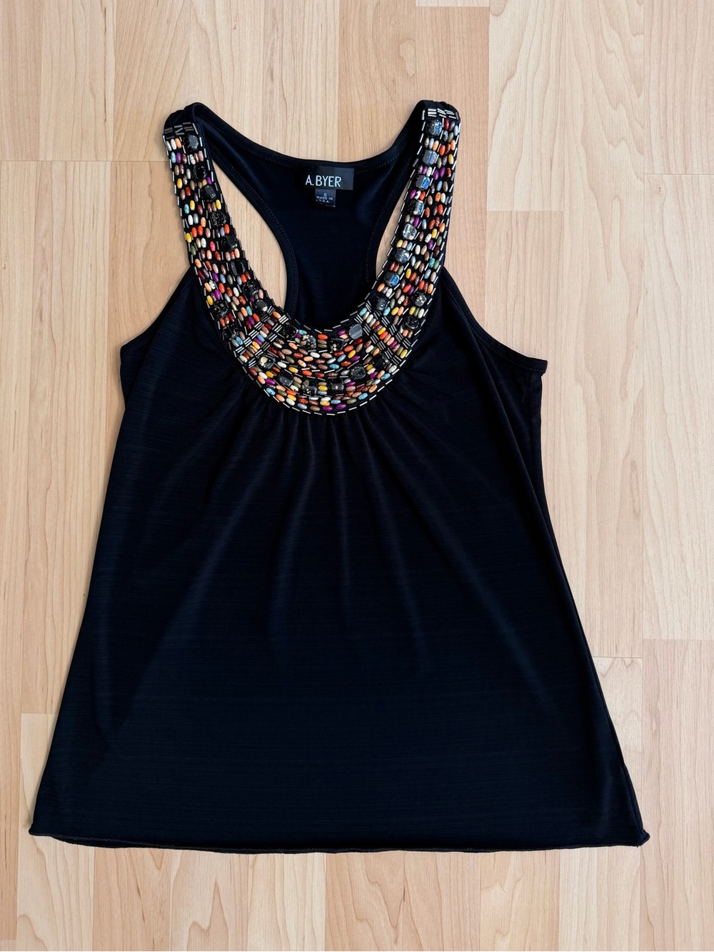 A. Byer Black Racerback Tank with Multicolor Beaded Neckline